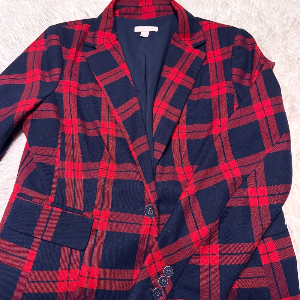 New York and Company Red and Navy Blue Plaid Blazer - Picture 6 of 8
